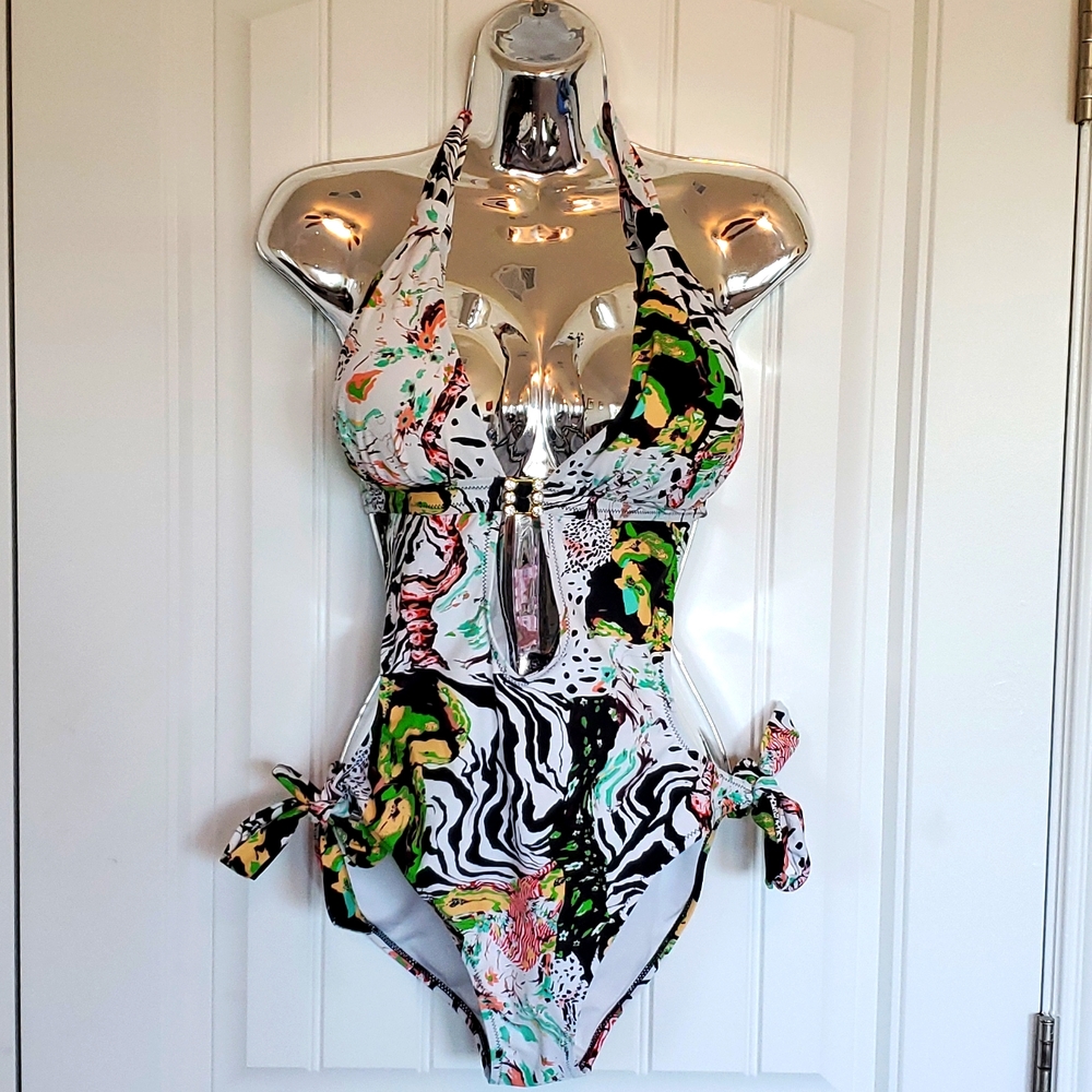 One piece swimsuit, monokini with cutout. Multicolored, size M